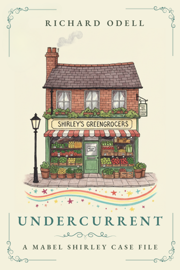 Book cover for 'Undercurrent' a 'Mabel Shirley Case File'. An illustration of a greengrocers shop with a magical undercurrent effect under the shop. A short story by Richard Odell