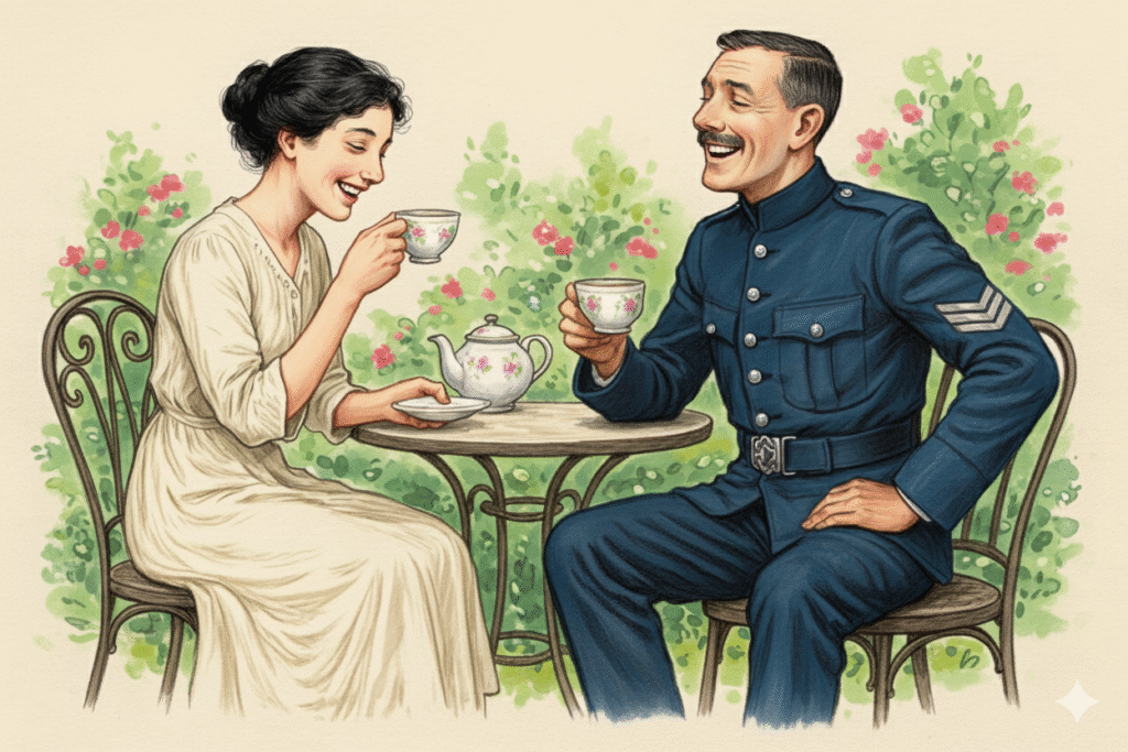 A cozy msystery image of Mabel Shirley and Sam drinking tea in the garden