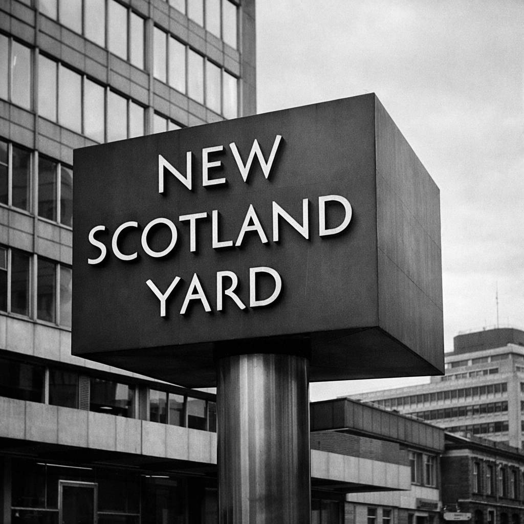 Rotating New Scotland Yard sign outside Metropolitan Police headquarters at 10 Broadway, London, 1967