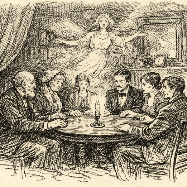 Black and white Edwardian pen and ink illustration of a Victorian parlour séance, seven figures seated around a round table holding hands, a single candle burning at the centre, while a faint female spirit appears above them in a modest domestic interior.