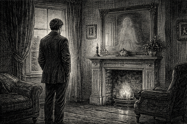 Black and white illustration of a solitary figure standing in a quiet room at dusk. In a mirror behind them a faint second figure appears, leaving it unclear whether the image is a reflection, a shadow, or something supernatural.