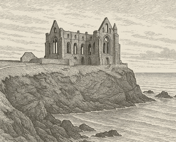 Black and white pen and ink illustration of a ruined abbey standing alone on a rocky sea cliff. The empty Gothic arches overlook a quiet coastline while waves break below, creating a lonely and atmospheric landscape.