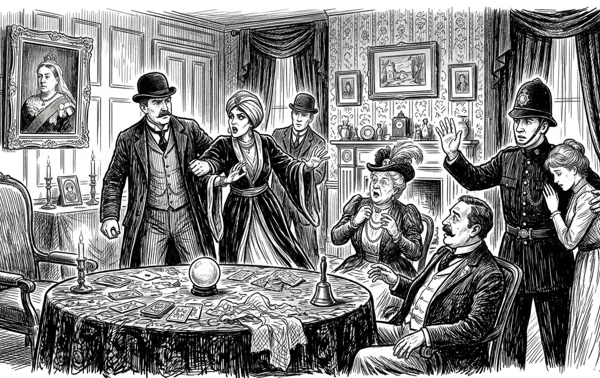 Black and white Edwardian style illustration of a fraudulent medium, Madam Zara, being arrested during a séance. A police constable raises his hand to halt the proceedings while another officer and a gentleman restrain the startled medium beside a round table covered with tarot cards and a crystal ball, as shocked sitters look on in a richly furnished drawing room.
