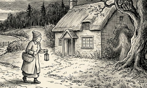 Black and white illustration of a woman walking along a rural path at night carrying a lantern and a wicker basket. Near a small cottage, a faint ghostly figure of a woman appears beside a tree, startling the traveller.