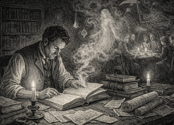 Black and white pen and ink illustration of a writer studying an open book by candlelight in a room filled with papers and old volumes. From the pages rises a faint mist forming scenes of a séance, a ghostly figure, and other historical images, suggesting stories emerging from research.