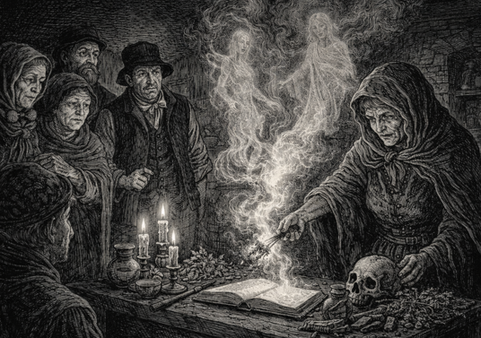 Black and white pen and ink illustration of a group of villagers gathered inside a dim room while an elderly woman performs a ritual at a wooden table. Candles burn beside herbs, a skull, and an open book as smoke rises to form faint ghostly shapes, watched with fear and fascination by the onlookers.