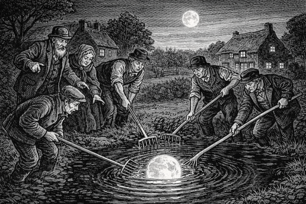 Black and white illustration of several villagers gathered around a village pond at night, attempting to pull the reflection of the moon from the water with rakes and poles, believing it has fallen from the sky.