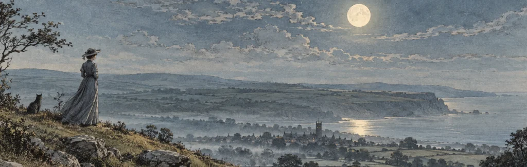 Mabel and her cat overlook the moonlit landscape of Easterwich