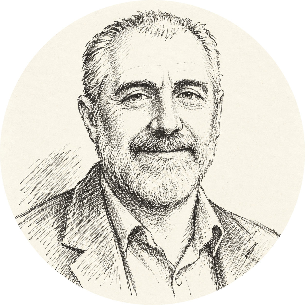 An illustration showing a pen and ink drawing of the author Richard Odell