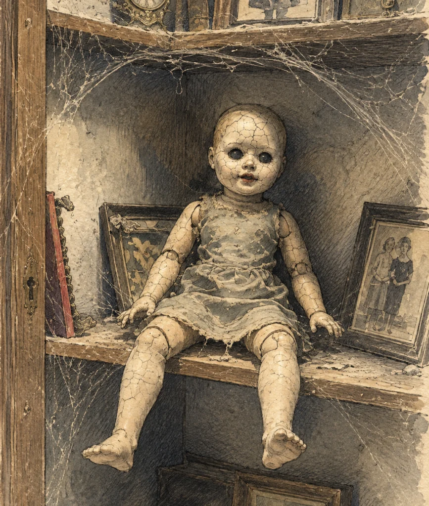 A cracked porcelain doll sitting in a dusty, cobweb-covered cupboard.