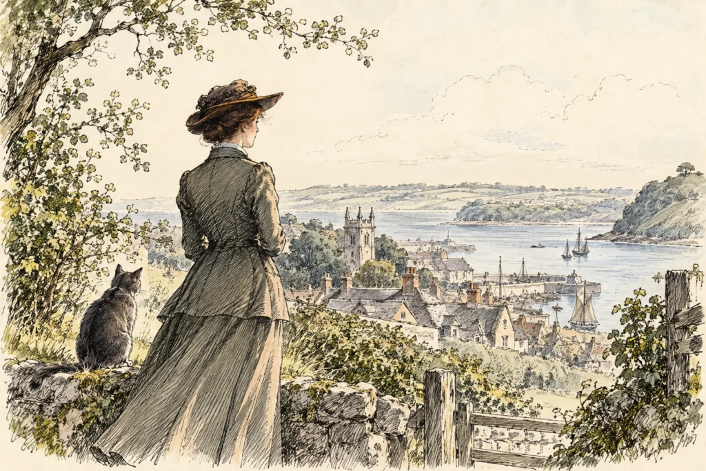 Mabel Shirley and a grey cat overlooking the coastal town of Easterwich.